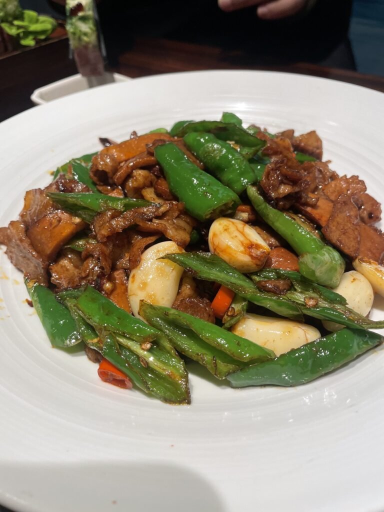 庭院江南菜辣椒炒肉與蒜頭